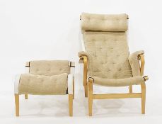 Bruno Mathsson chair by DUX, light bentwood and button-back upholstery and matching scrolled