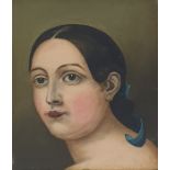 19th century school Oil on canvas Head and shoulders portrait of a girl wearing blue ribbon in her