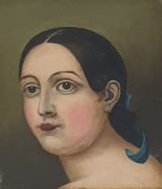 19th century school Oil on canvas Head and shoulders portrait of a girl wearing blue ribbon in her