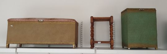 Loom green sprayed linen basket, an oak-framed string-top stool and a Loom-style ottoman (3)