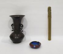 Two-handled bronze vase, gu-shape, applied formal flowerheads, 23cm high, a Japanese cloisonne small