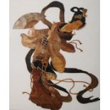 Rohitha  Mixed media Dancer with fan, signed 'Rohitha, Sri Lanka', 38cm x 30cm  Pair of woodblock