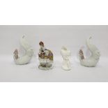 Pair Lladro porcelain models of cockerels, continental porcelain model of a lady in lace-trimmed