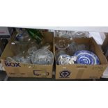 Three boxes of mainly glassware and some blue and white ceramics including rose bowl, small vases