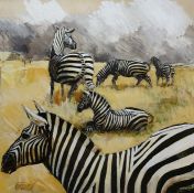 Ken Turner (b.1926)  Oil on board Zebras  signed, 49 x square