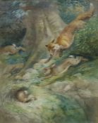 Harry Dixon (1861-1942) Watercolour drawing "A Run on the Bank", study of fox chasing hares,