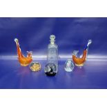 19th century etched and cut glass Masonic wine decanter, square and the faceted ball stopper, 24cm