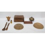 Quantity of treen items including African carved wood salad servers, writing slope, wooden salad