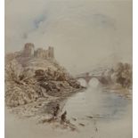 19th century English school Watercolour drawing Fisherman by river, ruined castle on hill,