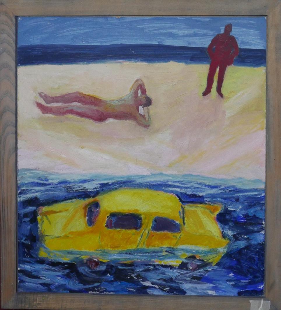 Helen Napper (British, b. 1958) 'Hot Beach' 1991, oil on board, gallery label to verso. H.61 W.54cm