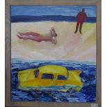 Helen Napper (British, b. 1958) 'Hot Beach' 1991, oil on board, gallery label to verso. H.61 W.54cm