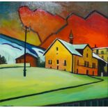 Brian Baldwin, oil on canvas, church scene at sunset, signed, 55 x 57cm