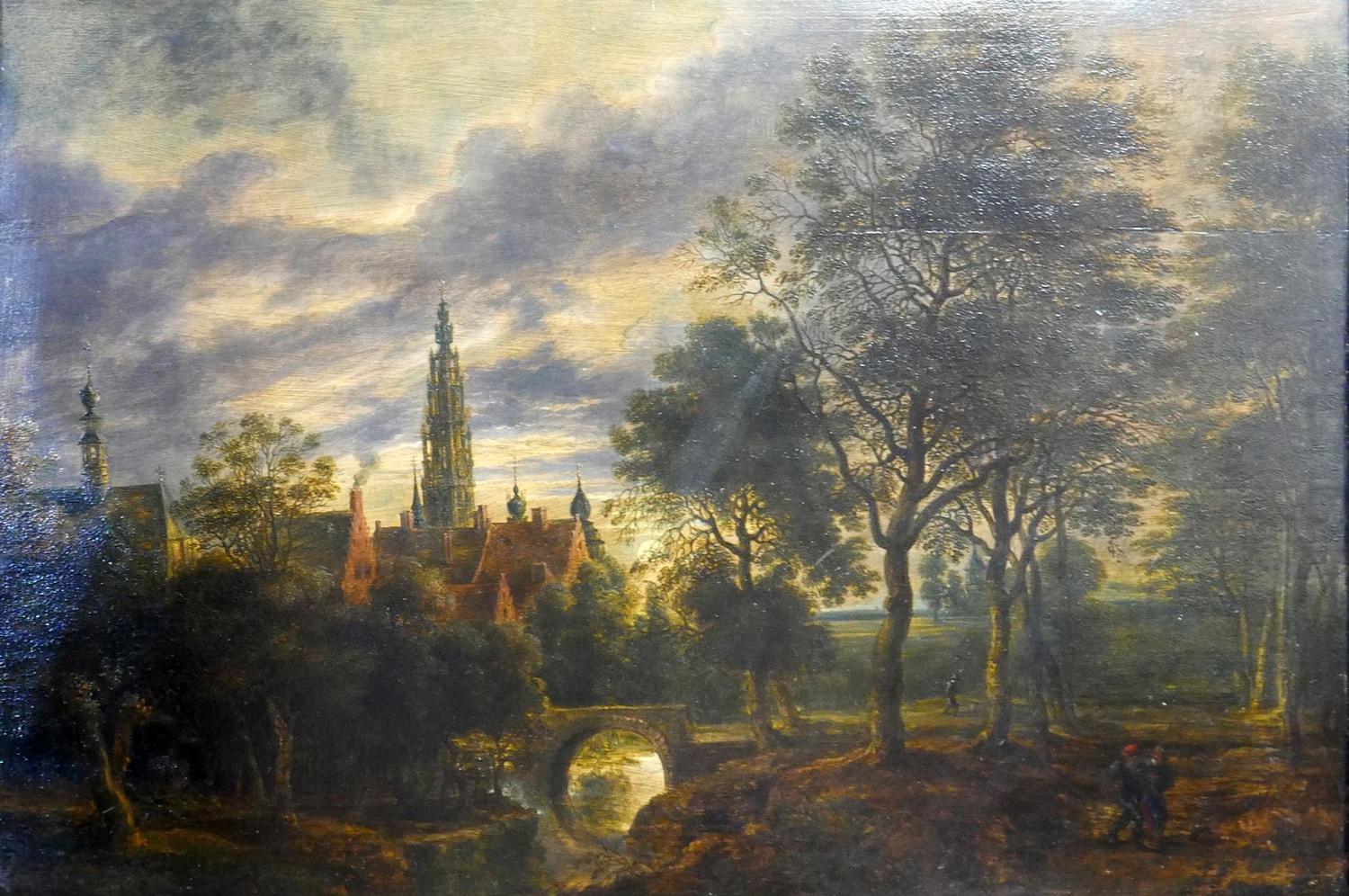 School of Lucas van Uden, a landscape scene, oil on board, H.37cm W.59cm