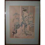 A Japanese woodblock print depicting a semi nude geisha beside a cockerel, 32 x 24cm