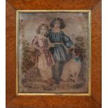 An 18th century needlework embroidery depicting two children and their dogs amongst flowers, in