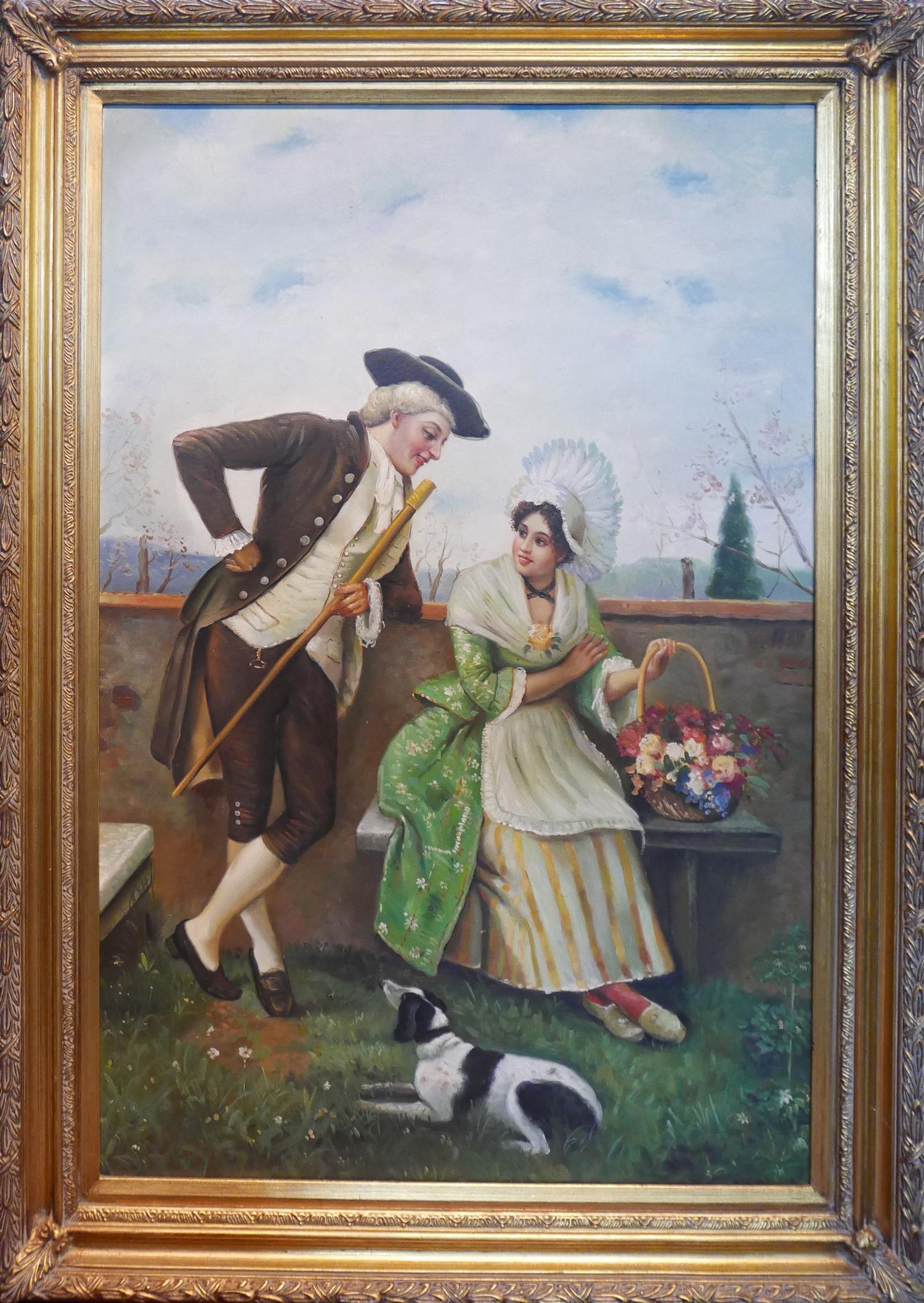 20th century school, An 19th century style couple with a dog in a garden setting, oil on canvas,
