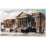 A lithograph of a monumental building, artists proof, indistinctly signed lower right, 29 x 50cm