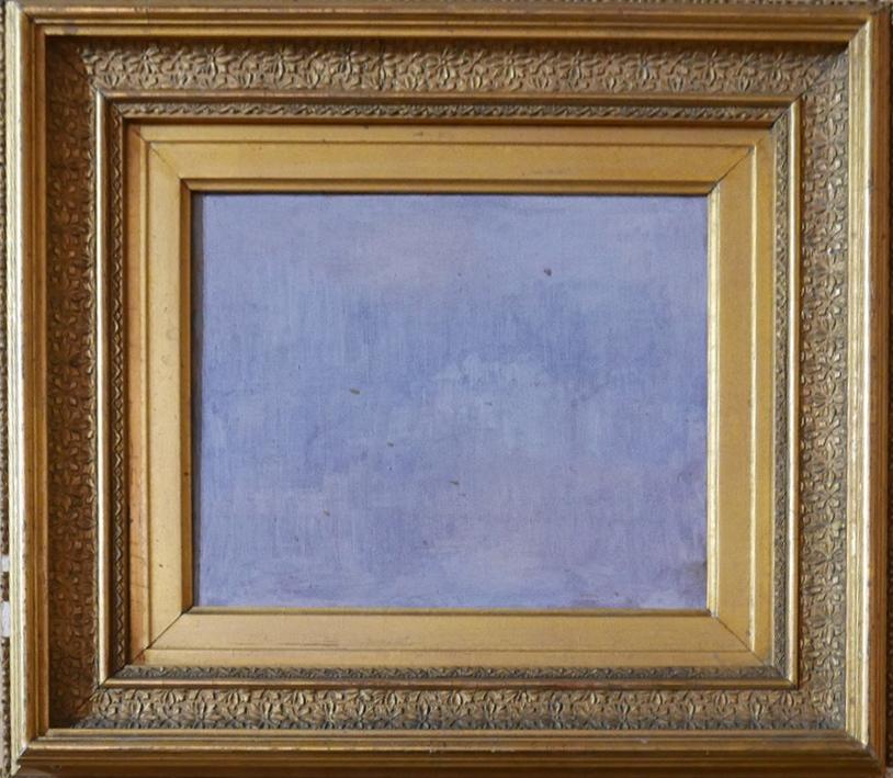 A gilt framed oil on canvas, abstract, blue composition, H.34 W.38cm