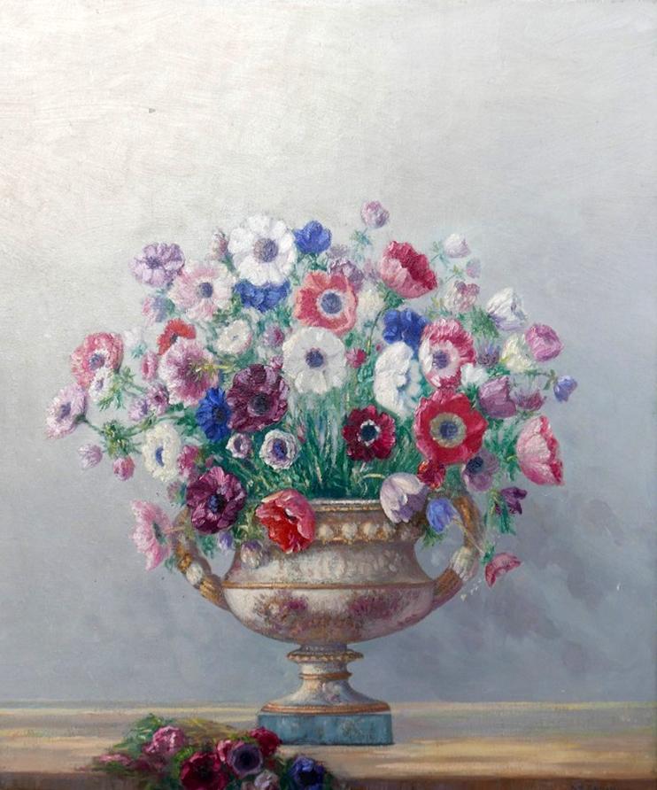 Augustus William Enness (1876-1948), still life of flowers in porcelain vase, oil on canvas, signed,