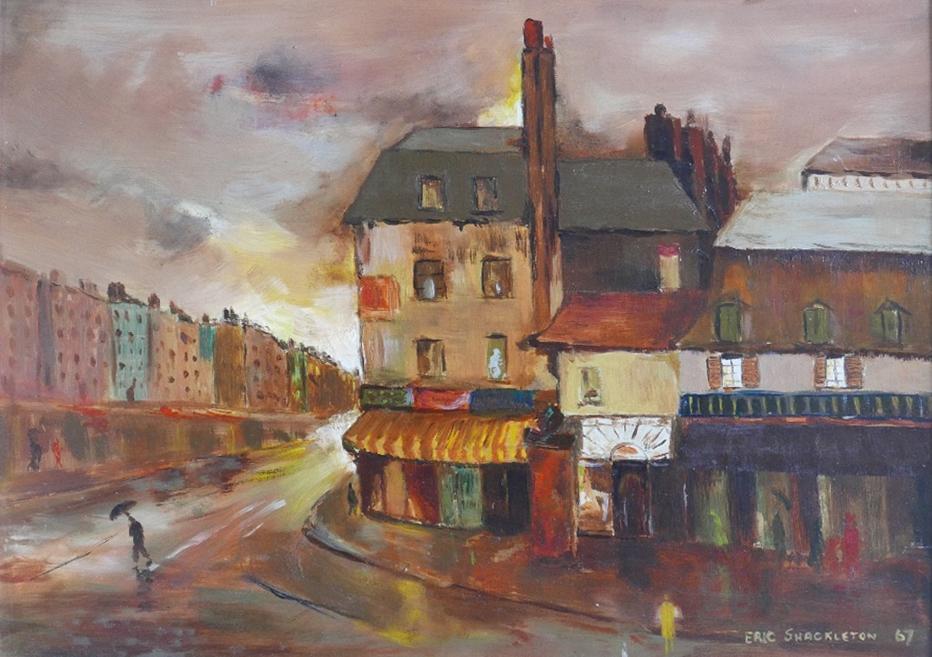 Eric Shackleton (Mid 20th century British school), Street scene on a stormy day, oil on board,