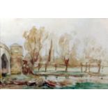 Mid 20th century school, Landscape study of a park by a bridge with church spire to background,