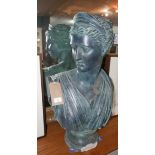 A cast plaster bust of Diana the huntress, raised on socle base, H.77cm (base damaged)