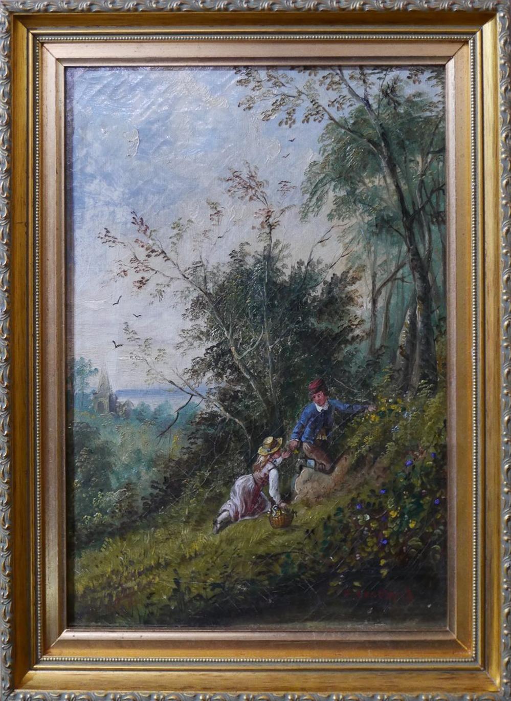 A 19th century framed oil on canvas, children clambering up a hill in rural setting, indistinctly