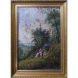 A 19th century framed oil on canvas, children clambering up a hill in rural setting, indistinctly