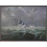 A 20th century oil on board depicting a battleship, indistinctly signed, 50 x 75cm
