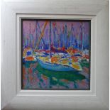 Audrey Chebotaru, Boats in a Harbour, oil on board, signed and dated '17 lower right, 28 x 28cm