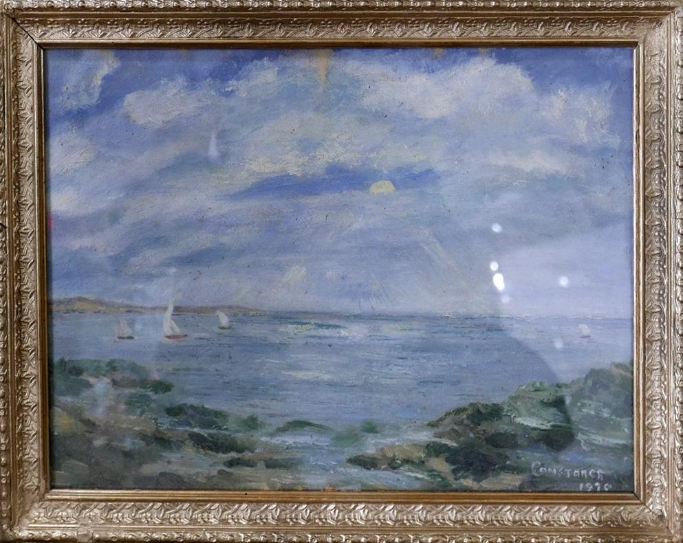 Mid to late 20th century school, Sailing ships in a bay, oil on board, signed 'Constance' and - Image 2 of 3