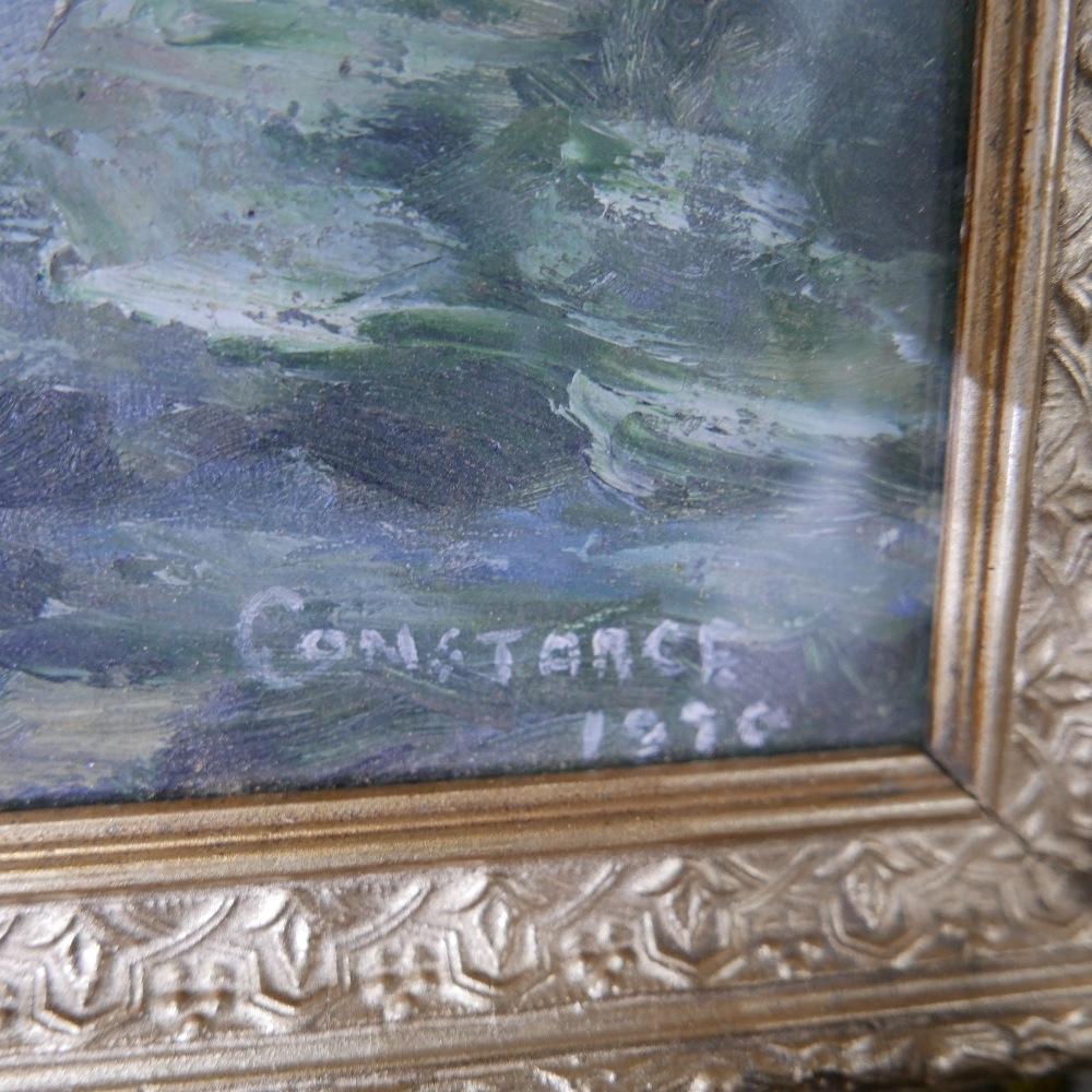 Mid to late 20th century school, Sailing ships in a bay, oil on board, signed 'Constance' and - Image 3 of 3