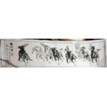 A Chinese wall hanging scroll depicting horses, togther with another of bamboo, and a print of