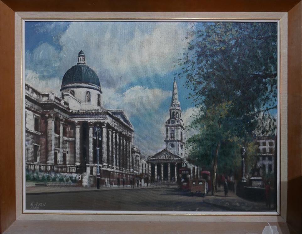 A framed oil on board, the National Gallery and St. Martin's, signed L Ryan 1968 H.68 W.88cm
