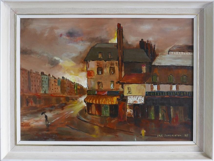 Eric Shackleton (Mid 20th century British school), Street scene on a stormy day, oil on board, - Image 2 of 3