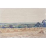 Edwin Harris, Hay stacks in a rural landscape scene, watercolour, in a glazed gilt frame, 18 x 28cm