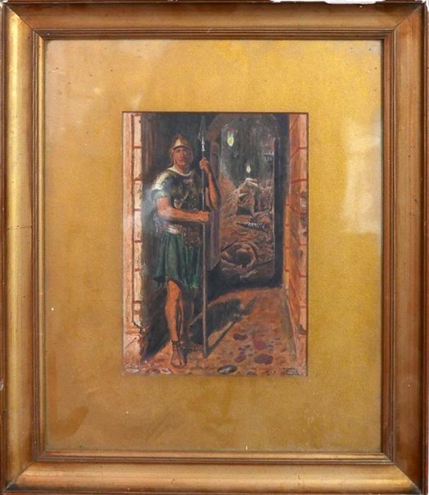 W. Foster (Early 20th century British school), Centurion guarding a doorway, signed and dated 1913 - Image 2 of 2