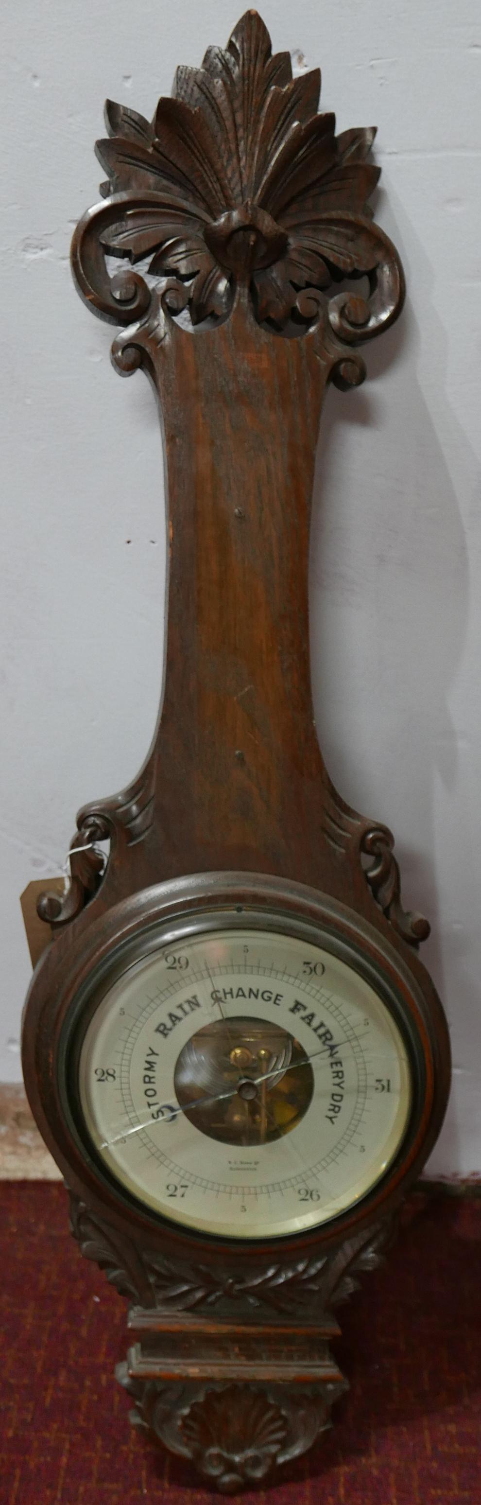 A Victorian carved oak barometer, H.91cm