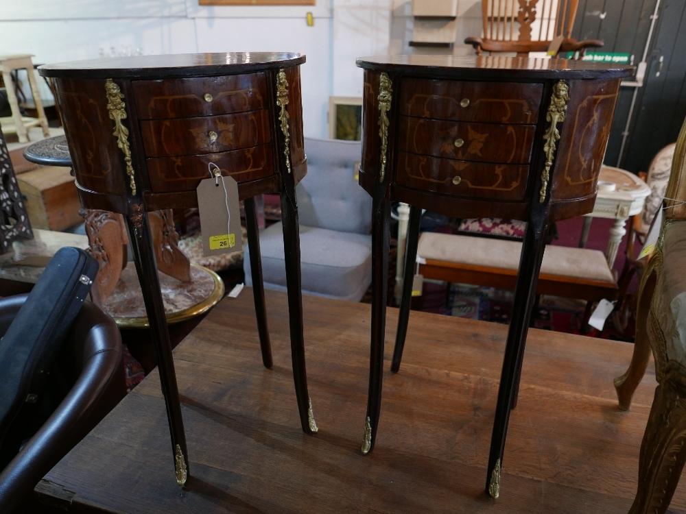 A pair of 20th century French burr elm bedside tables, marquetry inlaid and gilt metal mounted,