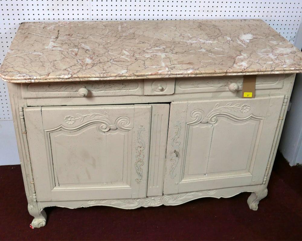 An 18th century French Louis XV grey painted side cabinet with marble top, having two drawers - Bild 2 aus 2