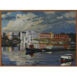 E. King, London river scene, oil on board, signed lower right and dated 1974