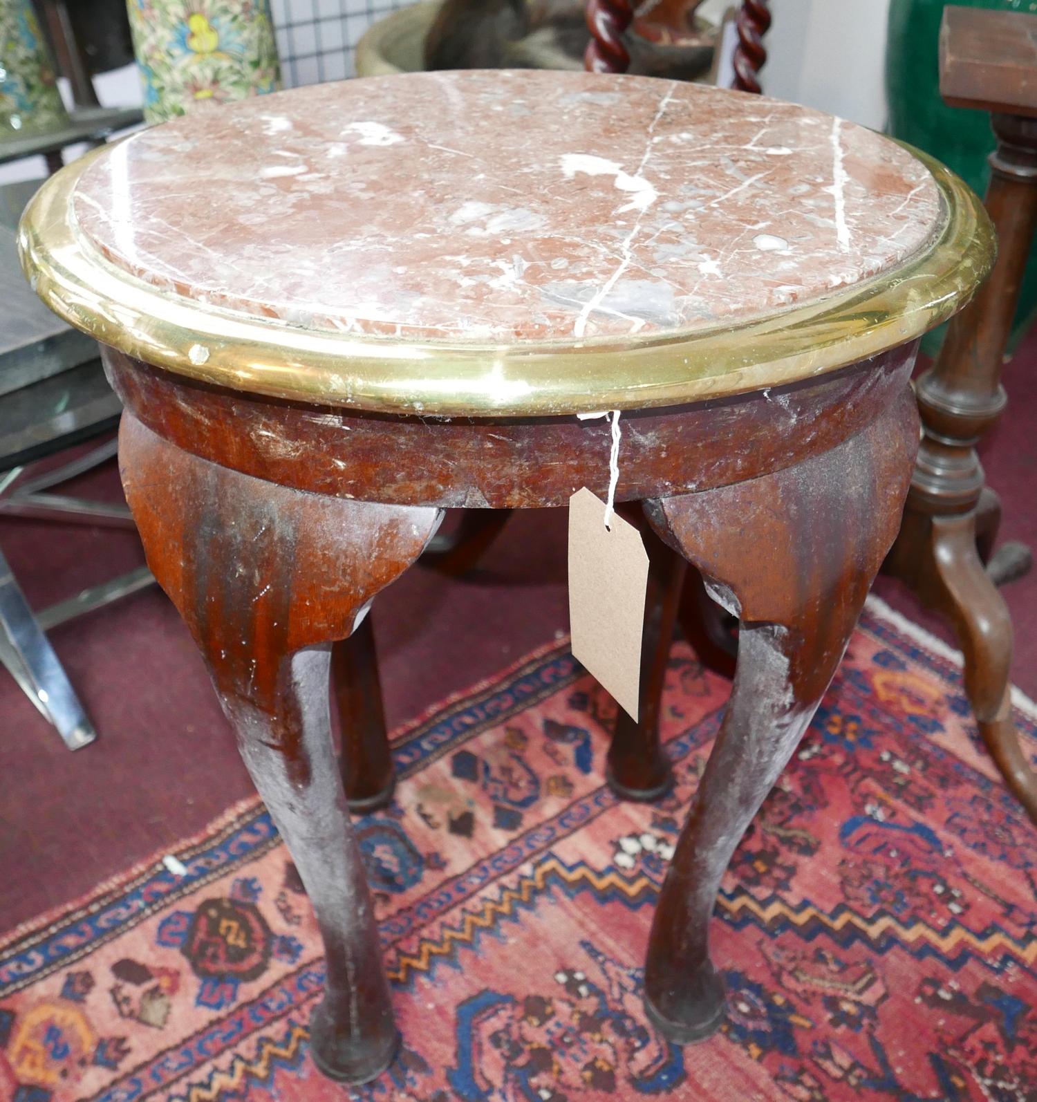 A marble topped oval low table with brass bound top and another smaller circular. largest W.56cm - Bild 3 aus 3