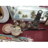 Collection of antique copper items to include three jugs, a kettle, bed warming pan with long wooden