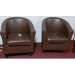 A pair of faux tan leather tub armchairs, on square tapered legs, (2)