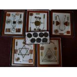 A set of mixed media artworks, together with a cased set of Hebrew medallions