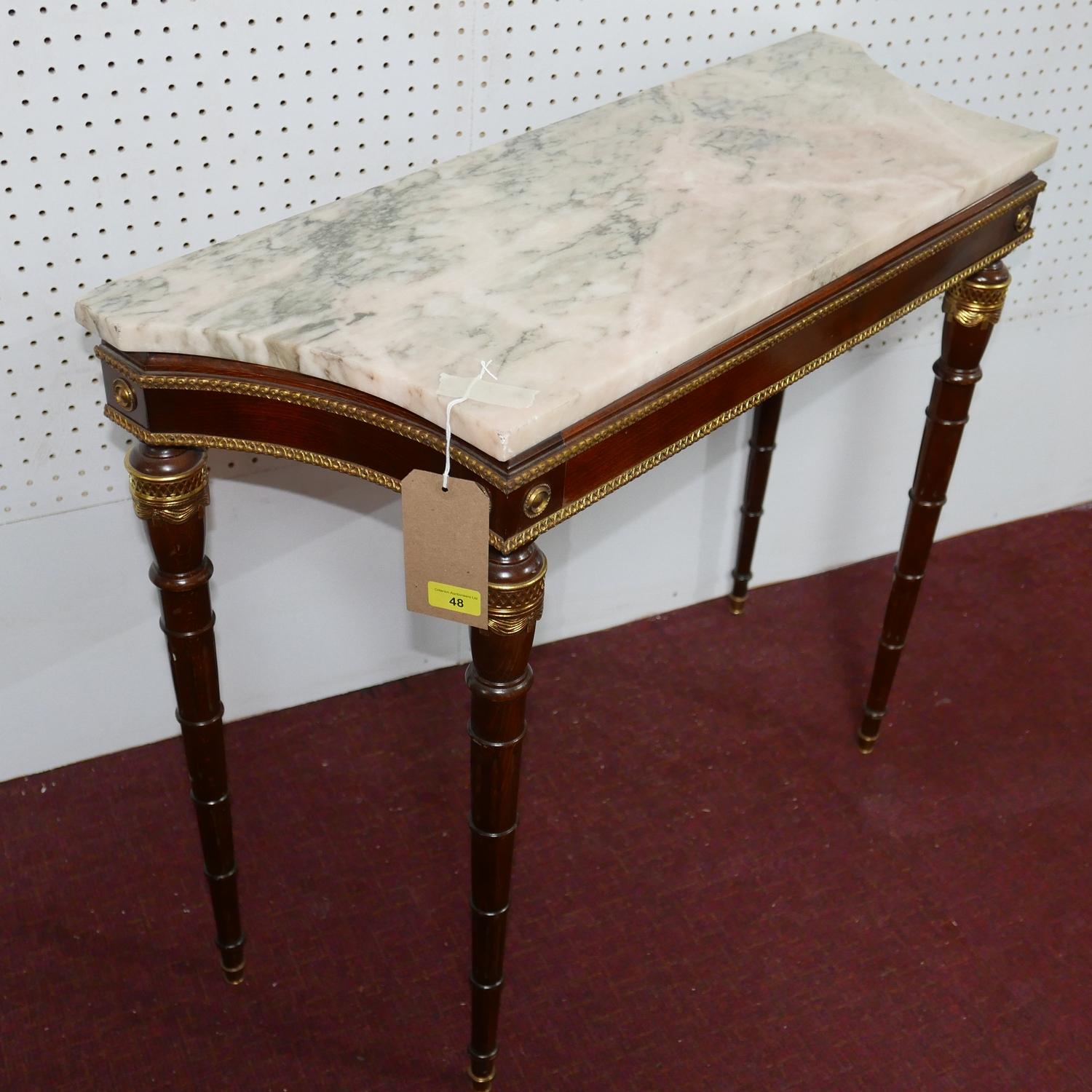 A Louis XVI style mahogany and gilt metal mounted console table, with variegated marble top, on - Bild 2 aus 2