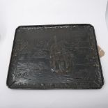 A 19th century Japanese bronzed tray, decorated with figures by a river, within border with fruit