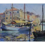 20th century British School, a harbour study, oil on board, annotated to verso