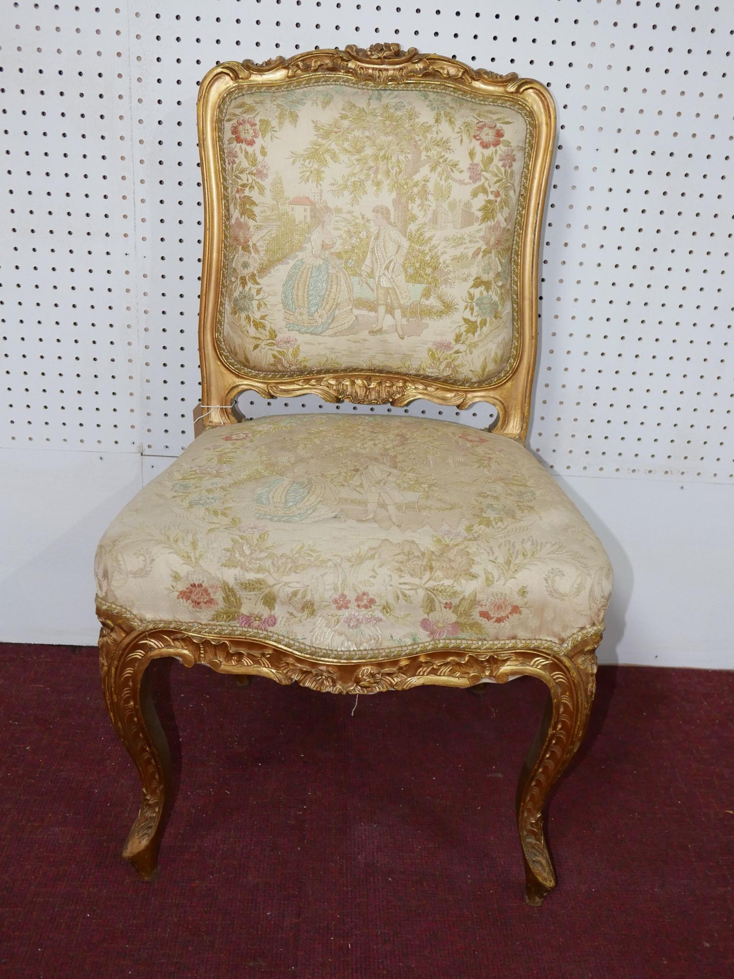 A late 19th / early 20th century Louis XV style side chair, the upholstery decorated with figures