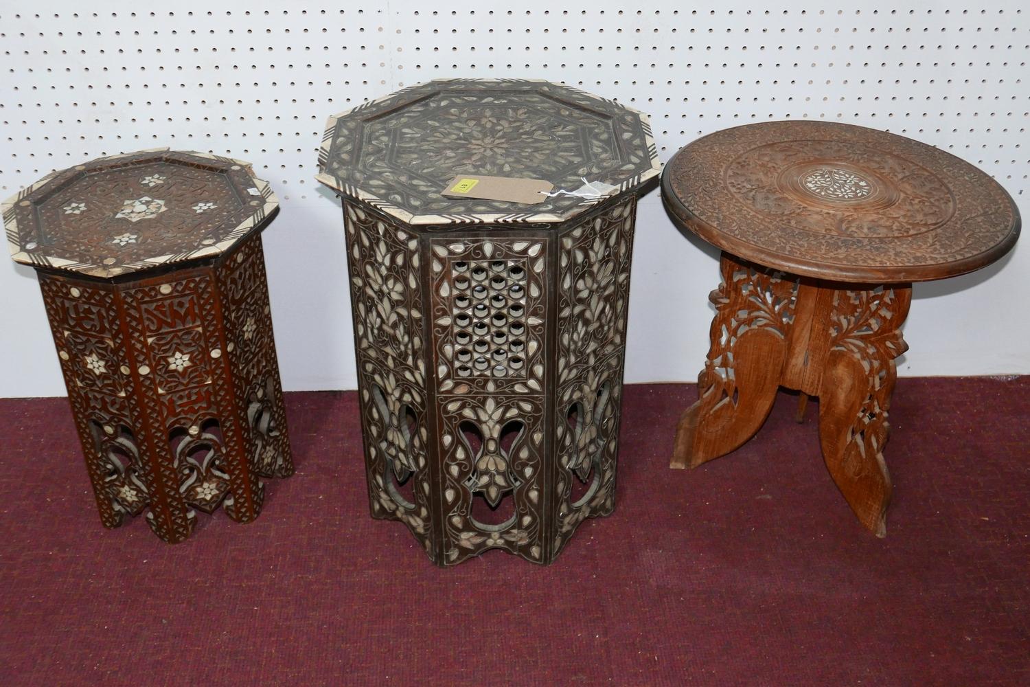 An octagonal Moorish hardwood, bone and mother of pearl inlaid, H.56 W.40 D.40cm, together with a